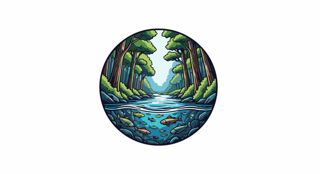 A circular scene depicts a forest river teeming with fish below, framed by trees