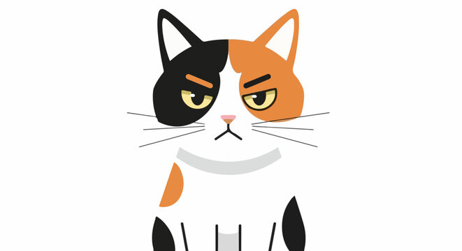 A cartoon calico cat with black, orange, and white markings, depicted with a grumpy expression