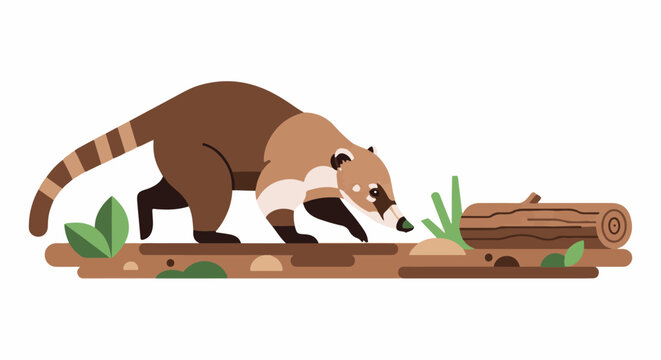 A cartoon coati with a striped tail walks on a brown ground with leaves, grass, and a log