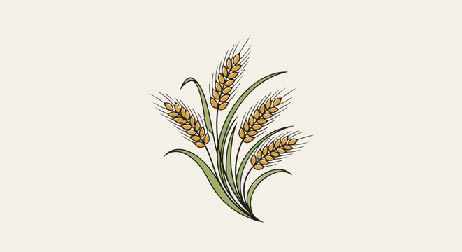 A bunch of golden wheat stalks with green leaves