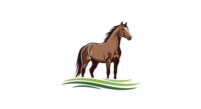 A brown horse stands on wavy green grass against a white background