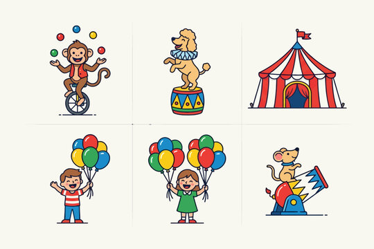 Circus performance icon set with monkey poodle tent and children