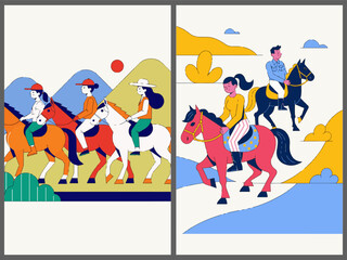 Fototapeta premium Vector posters with people on horseback riding in the mountains and nature. Sports illustration of tourism, outdoor activities and horse riding. Diptych in bright minimalist sAdobe Illustrator Artwork