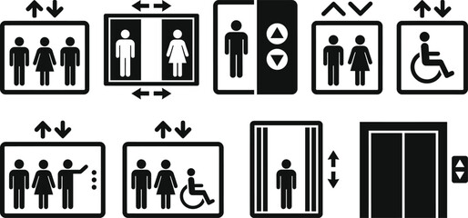 Elevator and lift sign icon set. Toilet icons set. Men and women restroom icon sign right arrow. Disabled wheelchair icon. Vector Illustration. © MR7