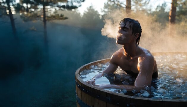Close up of a person taking an ice bath in a wooden tub for cold plunge therapy and muscle recovery. Copy Space 