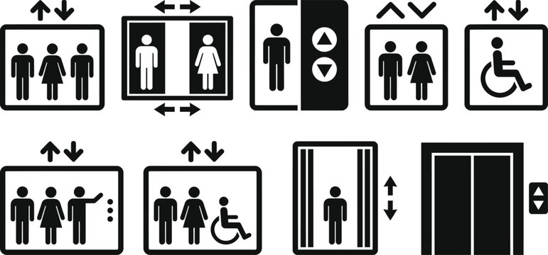 Elevator and lift sign icon set. Toilet icons set. Men and women restroom icon sign right arrow. Disabled wheelchair icon. Vector Illustration.