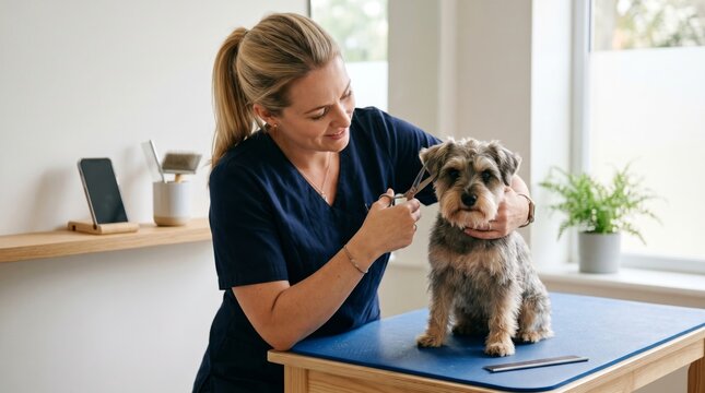 Woman groomer clipping fur of cute dog on table in professional salon. Pet care specialist performing grooming service for puppy. Animal hygiene and health maintenance concept.