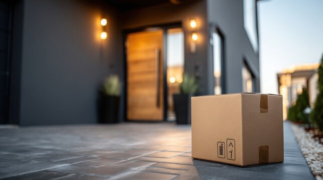 Delivered parcel on door mat near entrance