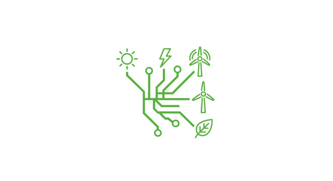 Green sustainable technology circuit board with renewable energy icons