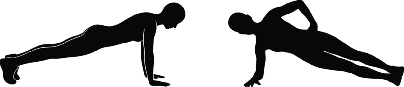 Fitness exercise silhouettes with push up and side plank poses demonstrating strength training and bodyweight workout techniques