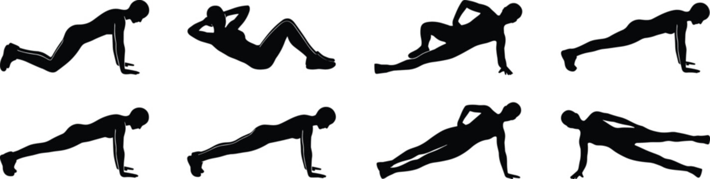 Fitness workout silhouettes set with push ups crunches side planks and bodyweight exercise training poses vector illustration