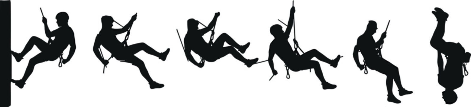 Industrial rope access worker silhouettes with climbing harness rappelling and safety equipment vector illustration set