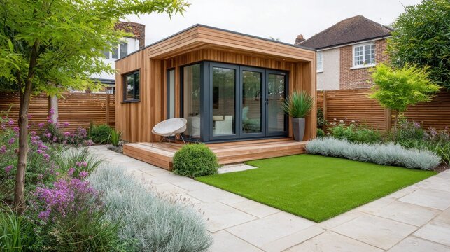 Modern wooden garden room with bi-fold doors and contemporary landscaping