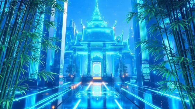 未来的な光り輝く竹製の寺院は,アウトドアライフスタイルブランドや自然ドキュメンタリーに最適です。