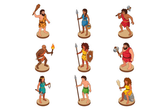 Prehistoric Caveman Characters with Stone Age Tools and Weapons