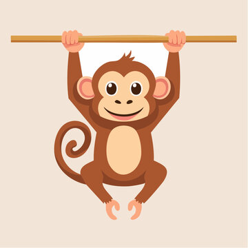 Cute cartoon monkey hanging from a branch
