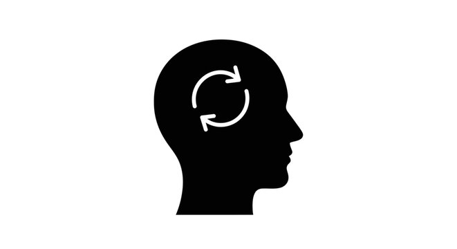 Human head silhouette with circular arrows representing mental process
