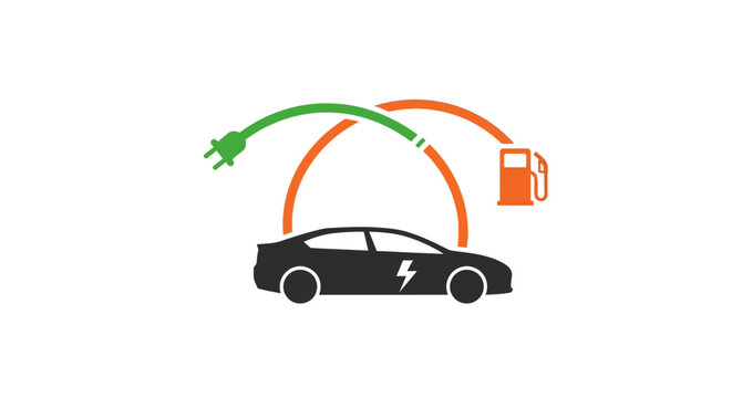 Hybrid car silhouette with electric plug and fuel pump icon