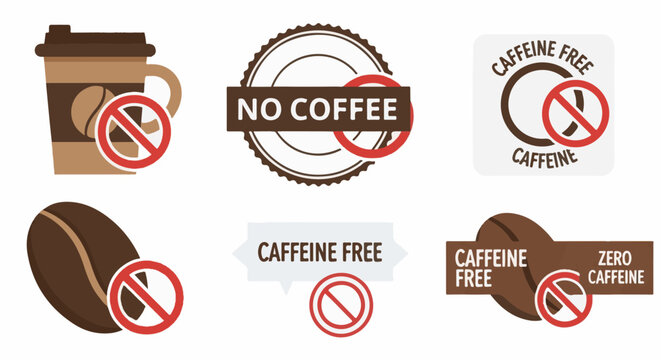 A collection of six graphic symbols indicating products are free of caffeine or coffee