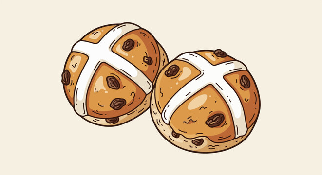 A charming illustration of two plump, golden-brown hot cross buns with a white cross and visible raisins