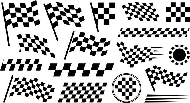 A collection of black and white checkered flag racing design elements