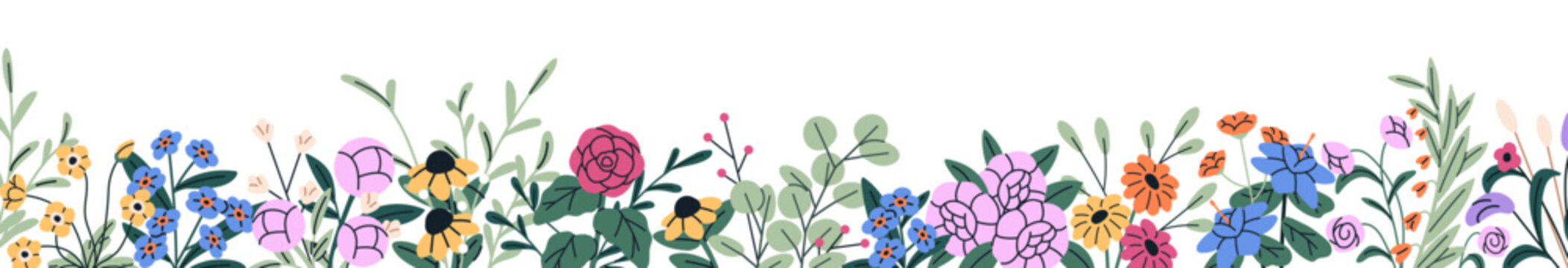 Design of border from different wildflowers and branches of bloom meadow plants. Template of bottom frame from flowers. Layout with line from floral decor. Flat isolated vector illustration on white