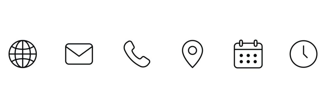 Minimal communication and scheduling outline icon collection with globe message call location calendar clock symbols editable linear vector interface design pack.