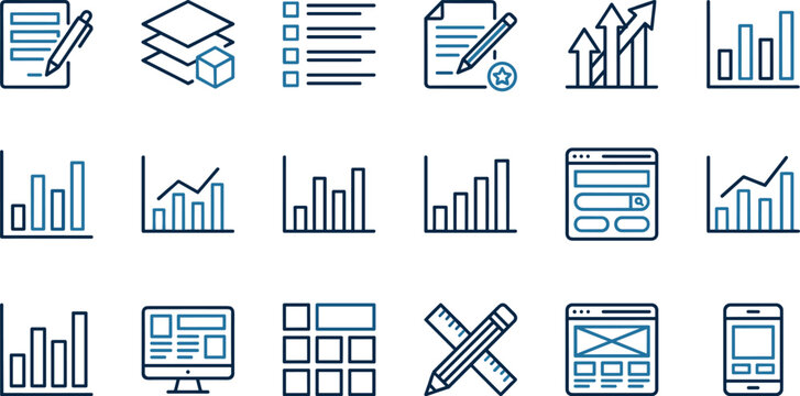 Business analytics and data management vector icon set featuring finance charts statistics reports website development and optimization symbols