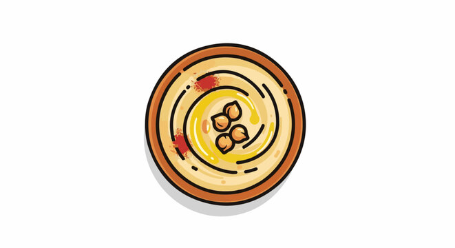 A circular dish of hummus with olive oil drizzle and chickpeas