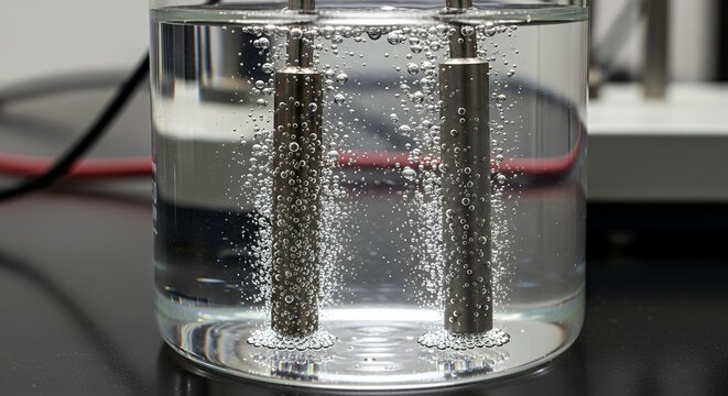 Electrolysis process with gas bubbles forming on metal electrodes in clear liquid