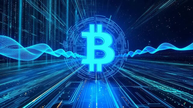 Abstract digital glowing Bitcoin cryptocurrency symbol on a futuristic technological background with light streams and waves
