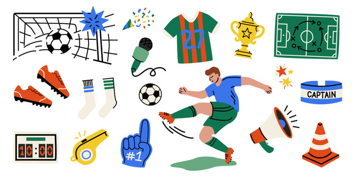 Football elements in cartoon doodle style. Hand-drawn football game. Sports equipment, soccer ball, sports uniform, victory trophy, soccer shoes, football field. Sports stickers, labels, posters