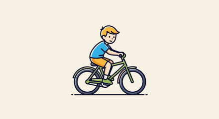Fototapeta premium A cheerful cartoon boy with blonde hair rides a green bicycle against a plain background