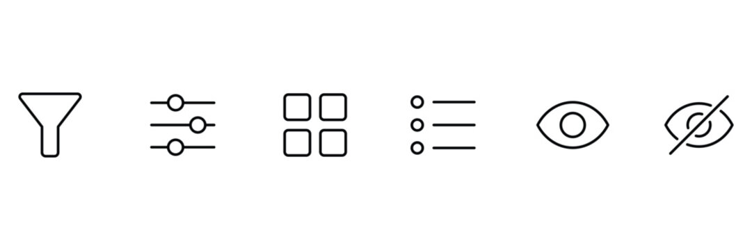Data filtering and display view outline icons set containing filter sliders grid list visible eye and hidden eye symbols vector illustration.