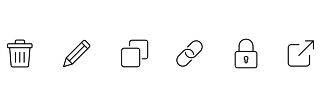 Web interface action outline icons set including delete edit duplicate link lock and external share arrow buttons isolated vector illustration.