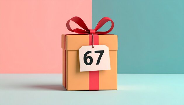Nicely wrapped birthday present. Label with number 67 on it