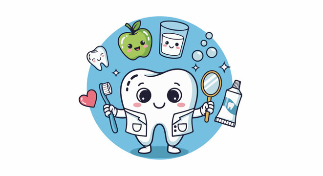 A cartoon tooth character promotes oral hygiene with a toothbrush, mirror, and toothpaste