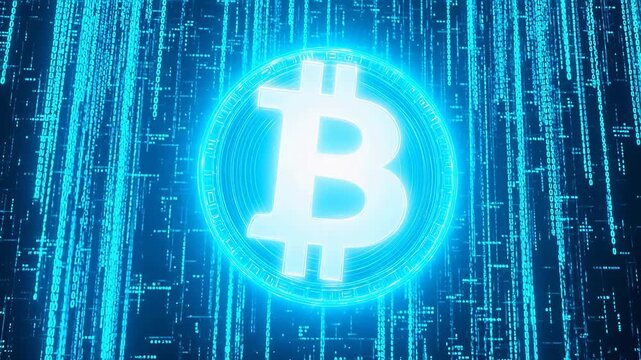 Futuristic digital currency symbol glowing amidst abstract data streams, representing blockchain technology and virtual finance