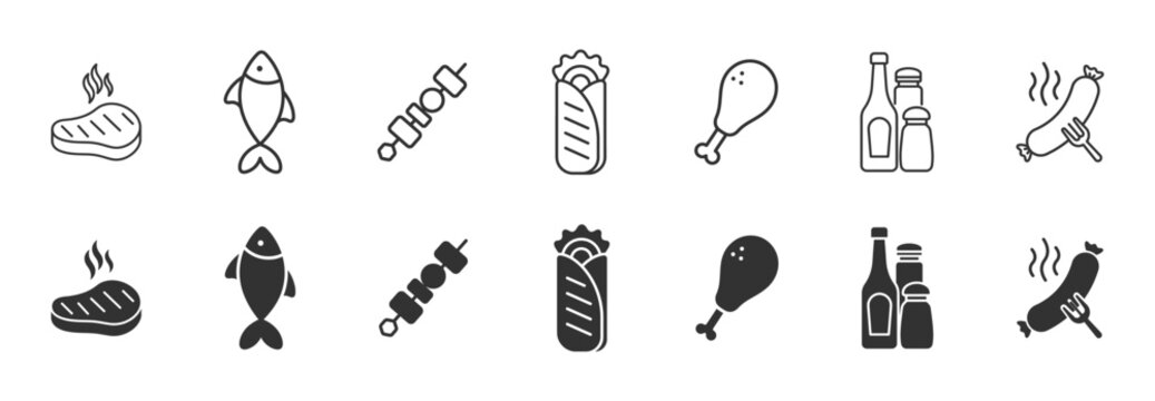 Food and seafood outline icon set with fish, shrimp, steak, chicken and beverage symbols on transparent background