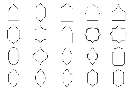 Old mosque windows shape in oriental style. Arabic windows outline arches different shapes for mosque, Muslim architecture illustration. Collection of Arabian oriental windows and doors.
