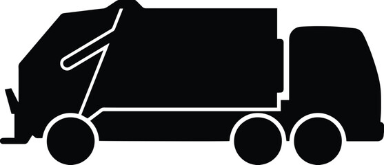 ごみ収集車のシンプルな黒いシルエットアイコン、廃棄物処理とリサイクルを象徴する清潔なベクターイラスト、環境保護と都市の衛生管理の概念。 © AnilaStudio