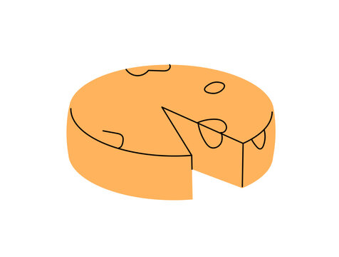 Wheel of tasty cheese. Natural dairy product. Head of organic Gouda, Maasdam, Cheddar or Parmesan. Circle piece of milk food. Delicious eating. Flat isolated vector illustration on white background