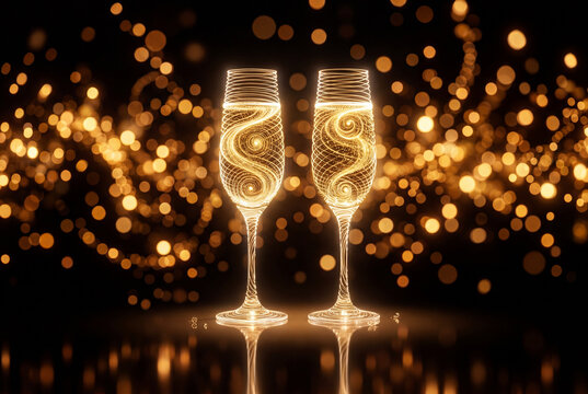 Two champagne flutes made of glowing golden light wires on a dark base