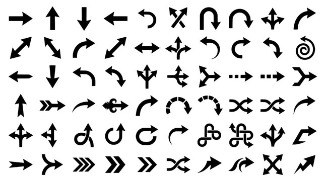 Arrows vector icon set with various directions, curving lines, arrows heads, and dashed motion strokes for navigation and UI