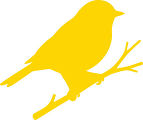 鮮やかな黄色の小鳥のシルエット、枝に止まる鳥のベクターイラスト。自然、動物、春のテーマに最適な、シンプルでモダンなデザイン素材。 © AnilaStudio