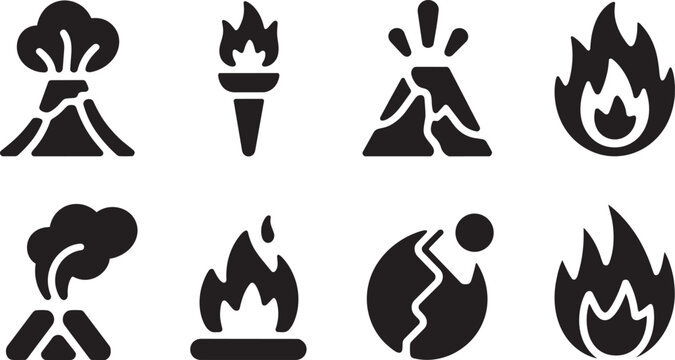 Volcano and fire icons set erupting mountain, torch, exploding earth, and flame graphics and symbol, natural disaster, and phenomenon and danger