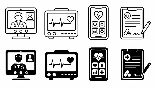 Medical technology interface icons featuring heart monitors and telehealth elements