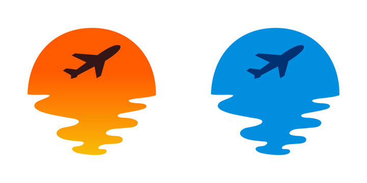 Logo agencia de viajes. Vacaciones de verano. Dibujo de un paisaje marino con la silueta de un avi&oacute;n volando con un sol con ondas suaves reflejado en el mar
