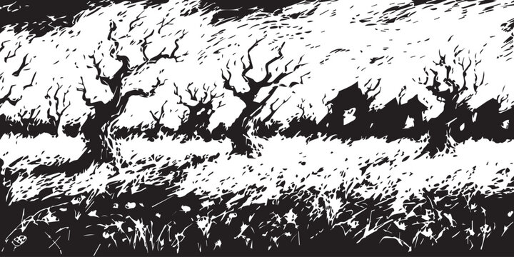Adobe Illustrator ArtworkHand drawn monochrome rural landscape vector illustration with old trees and small houses in scratchboard style

