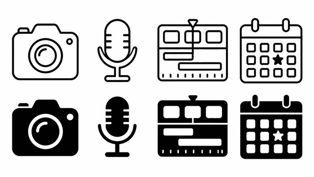 Icon set featuring camera, microphone, clapperboard, and calendar in black and white